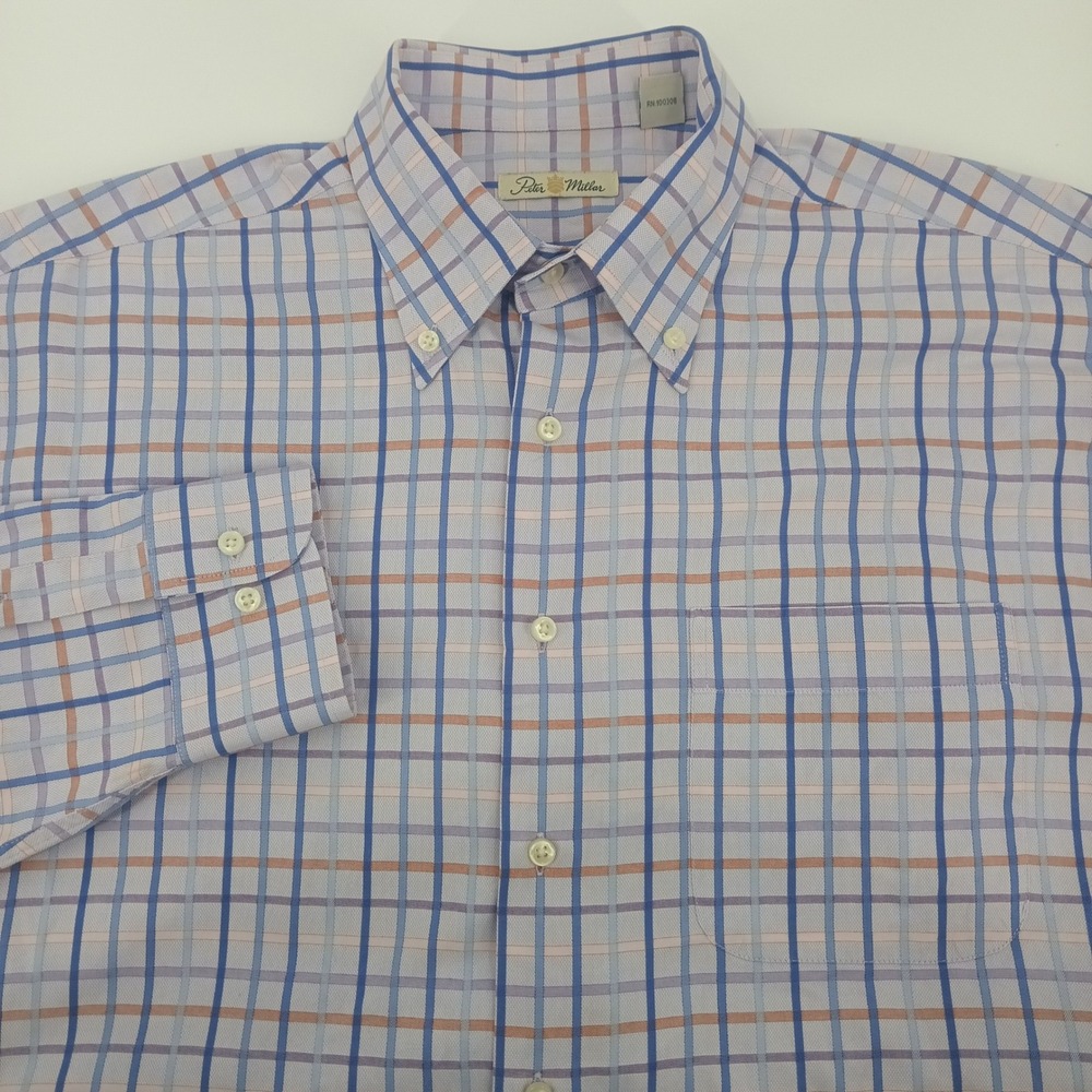 Peter Millar Mens Large Blue Plaid Cotton Button Down Long Sleeve Shirt RN100308
